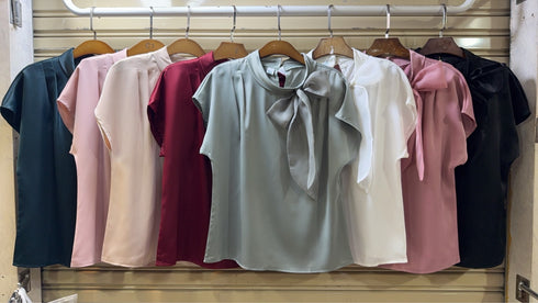 Round Neck Bow Decor Short Sleeves Tops